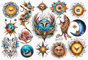 fisch, fuchs und eule , symetrie  sonne, universum, bunt, " sapere aude" tattoo idea