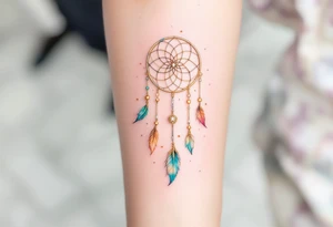 Three delicate dreamcatchers, each woven in a different hue—turquoise, gold, and silver—with small charms representing each person. tattoo idea