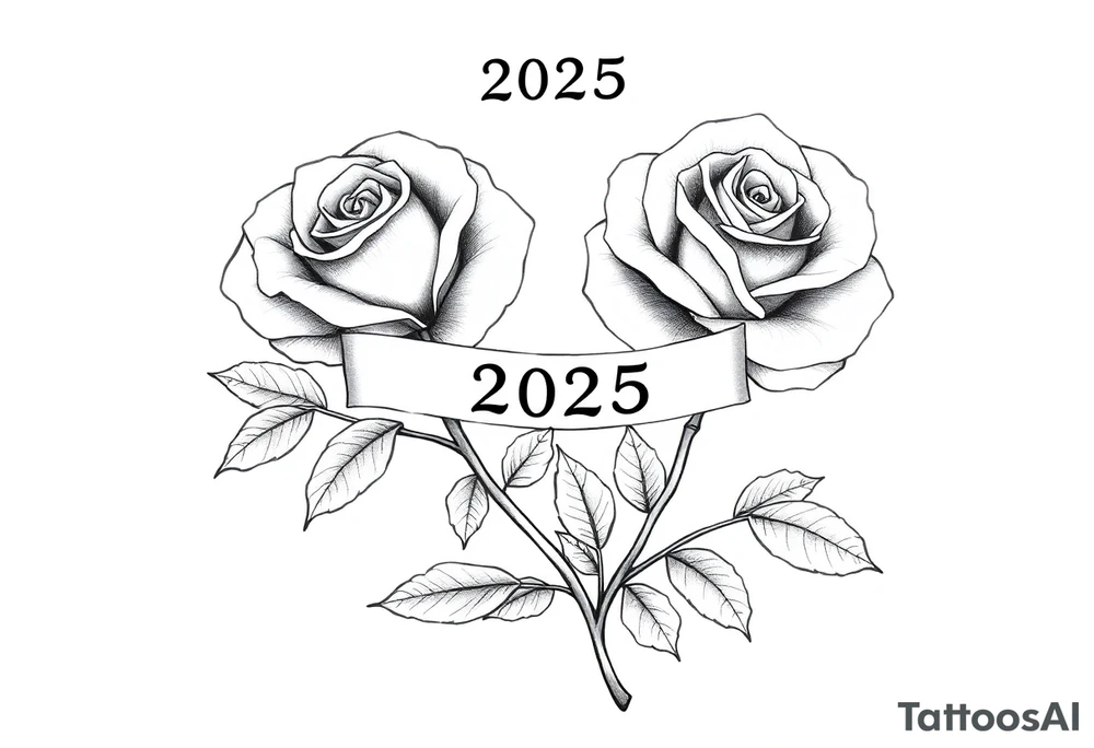 two beautiful large rose buds, one larger than the other, with many leaves and their stems intertwined, with one sitting higher than the other. Include a banner connecting the two roses with "2025" on it.  The word "Rose" written in Kanji above the drawing.  Use dark outlines with little shading. The two stems should connect and join into one stem, whimsically curved or twisted - not straight down. tattoo idea