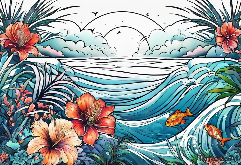 sea,, night, flower, palm, tattoo idea