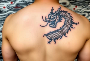 powerful japanese dragon, water background, colour red and blue tattoo idea