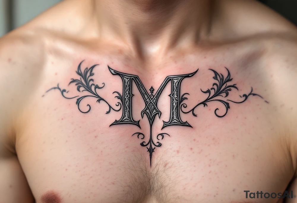 A medieval "M" in steel gray with engraved ornamental flourishes. tattoo idea