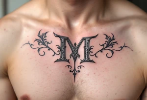 A medieval "M" in steel gray with engraved ornamental flourishes. tattoo idea