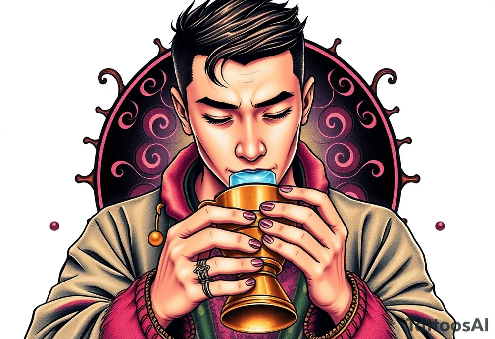 Handsome Asian young guy is drinking from medieval feast cup tattoo idea