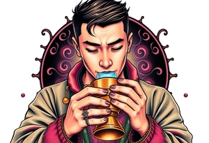 Handsome Asian young guy is drinking from medieval feast cup tattoo idea