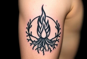 flame in a blooming roots circle tattoo idea