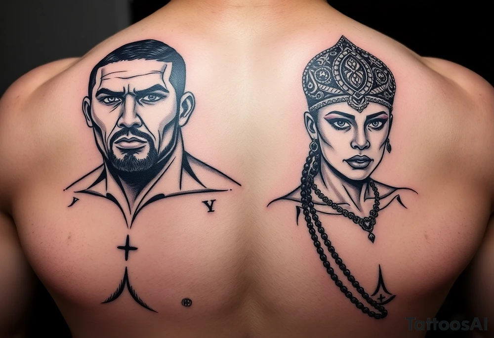 i need tatoo of merab(the machine) and ilia(el matador) ufc fighters
, i need machine as person form with papakha(headgear on first photo) and second person something related to el matador, black tattoo style tattoo idea