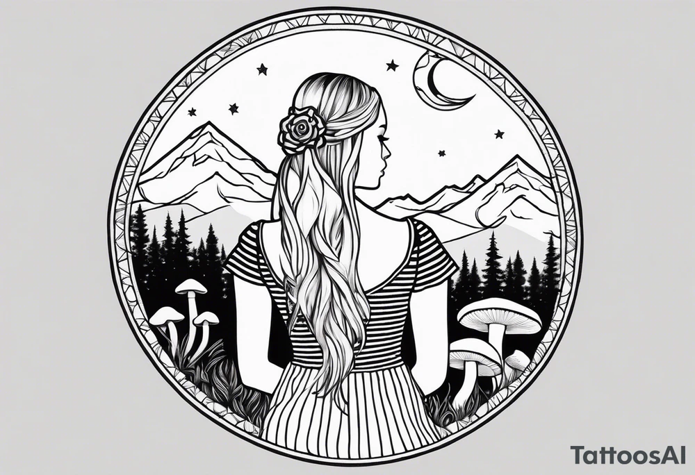 Straight blonde hair girl facing away toward mountains surrounded by mushrooms crescent moon mandala circular design black and white striped dress "8" braided into hair tattoo idea