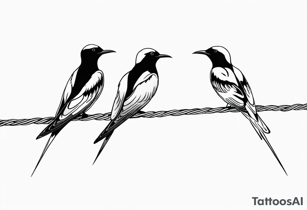 Three Arctic tern Silhouettes on a single power Line. Two are sitting, one is about to fly tattoo idea
