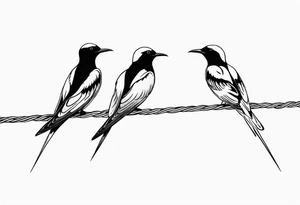 Three Arctic tern Silhouettes on a single power Line. Two are sitting, one is about to fly tattoo idea