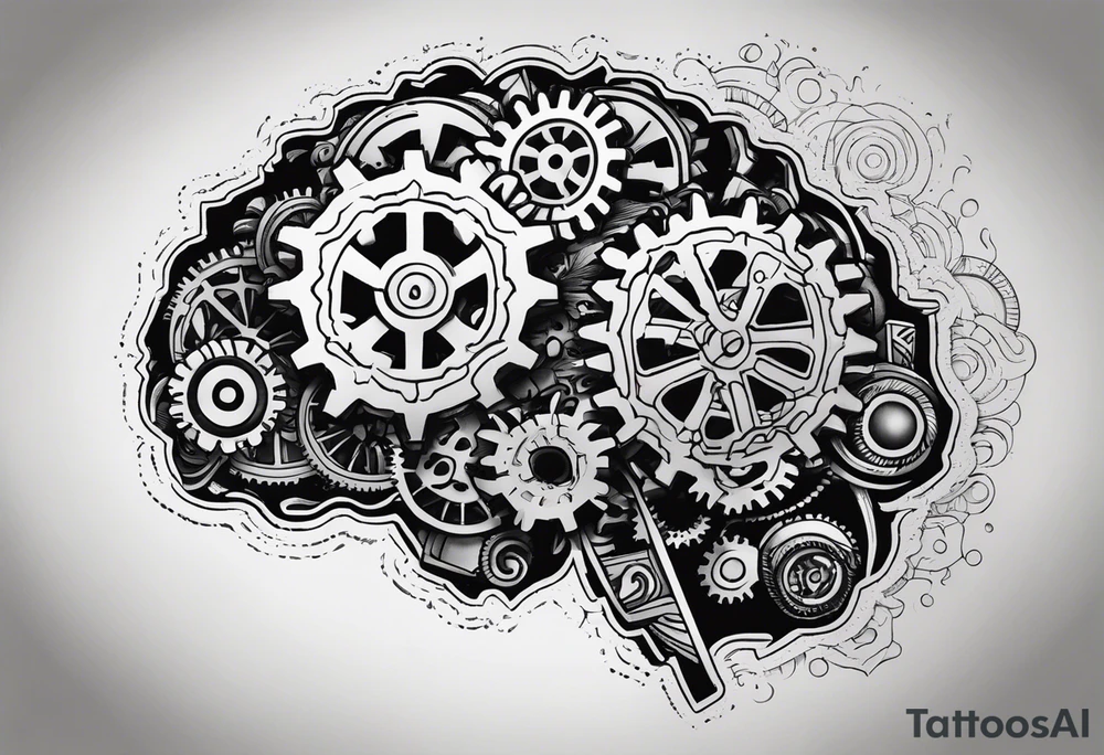 brain with gears in it, stipple, sketch, futuristic, cyber tattoo idea