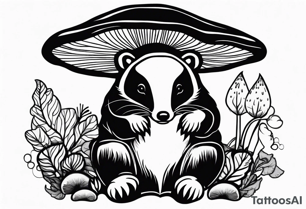 Badger in a coat sitting on a mushroom tattoo idea