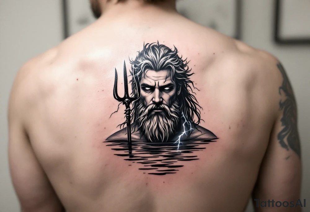 neptune with trident half way in calm water with lightning tattoo idea
