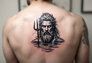 neptune with trident half way in calm water with lightning tattoo idea