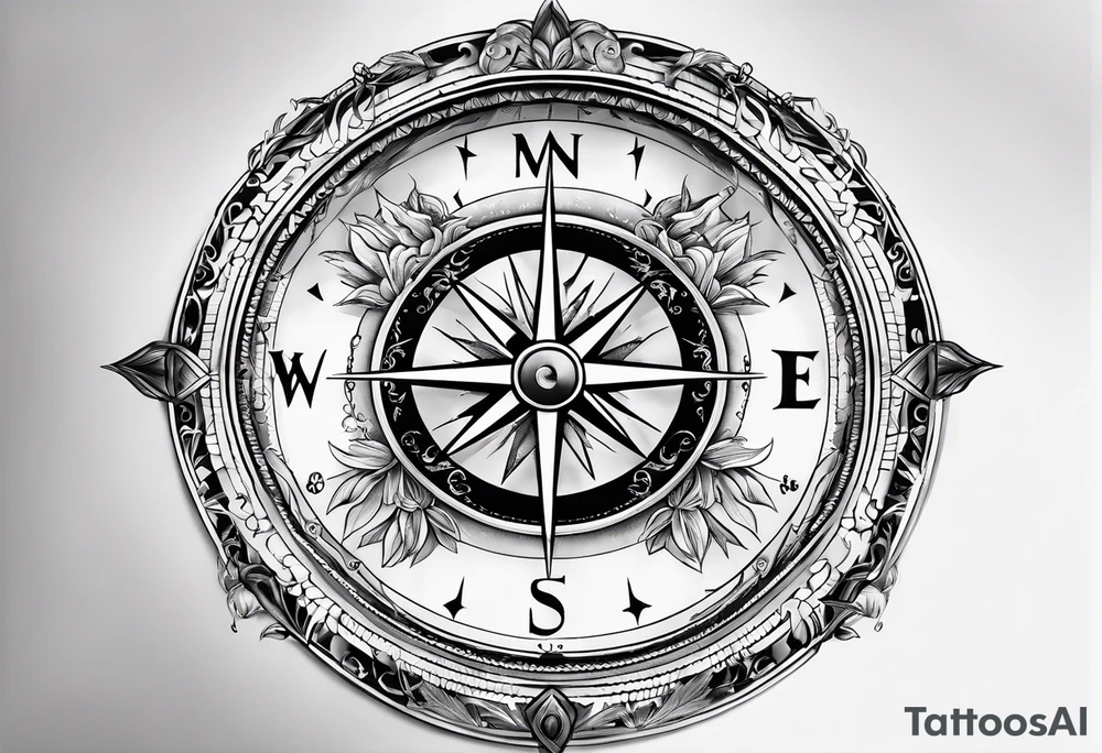 Compass dial with the names Chris Hannah Holly Millie tattoo idea