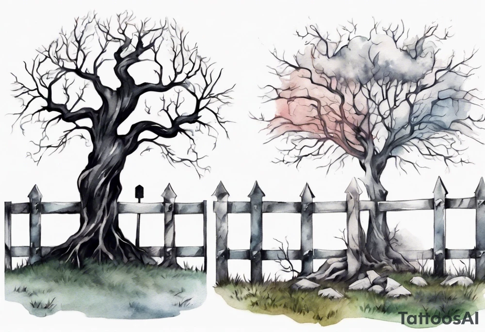 A black tree and a white tree intertwining branches in a field with a fence and headstones tattoo idea