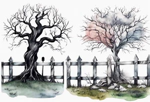 A black tree and a white tree intertwining branches in a field with a fence and headstones tattoo idea