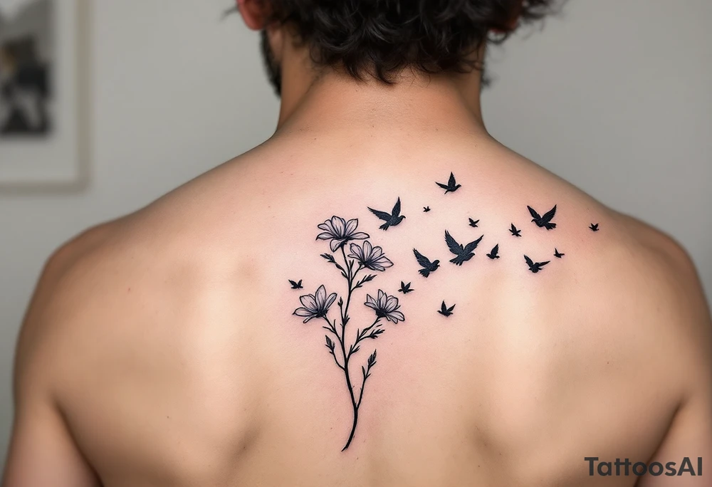A wood violet blowing in the wind with pedals floating away turning into birds tattoo idea