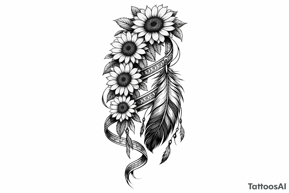 Cascading Sunflowers with an Indian feather all wrapped in Indian ribbon tattoo idea