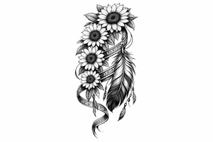 Cascading Sunflowers with an Indian feather all wrapped in Indian ribbon tattoo idea