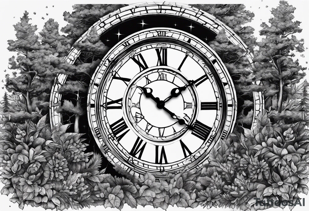 clock, time, trees, underground tattoo idea