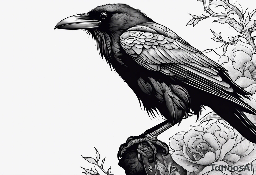 black raven with sword in mouth tattoo idea