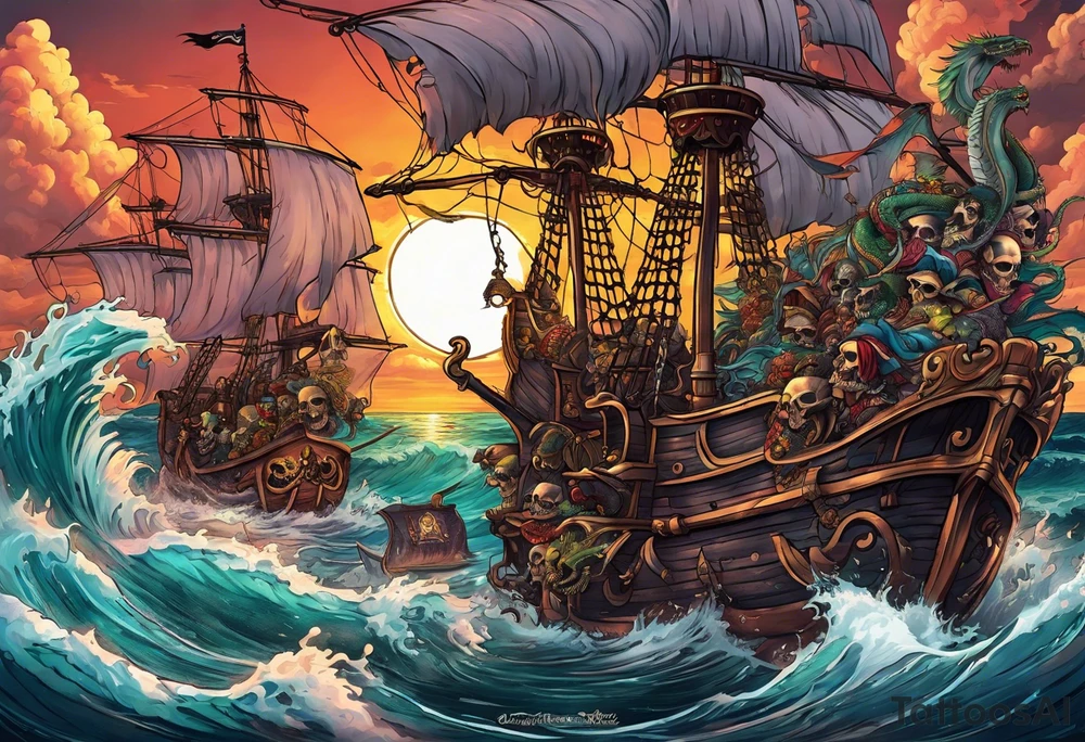 multiple skull pirates together with a sea serpent dragon with a sunset background and sexy wenches tattoo idea
