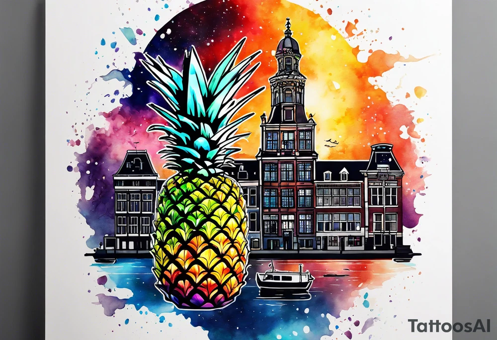 Broken glass watercolour tattoo, stag in shape of pineapple, Amsterdam, Amsterdam buildings, Amsterdam canal, space colours, galaxy colours, pineapples tattoo idea
