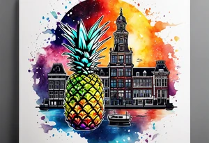 Broken glass watercolour tattoo, stag in shape of pineapple, Amsterdam, Amsterdam buildings, Amsterdam canal, space colours, galaxy colours, pineapples tattoo idea