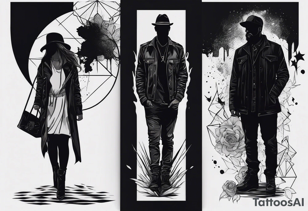 2 black shadows of people standing over 2 black shadows of murdered people tattoo idea