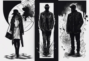 2 black shadows of people standing over 2 black shadows of murdered people tattoo idea