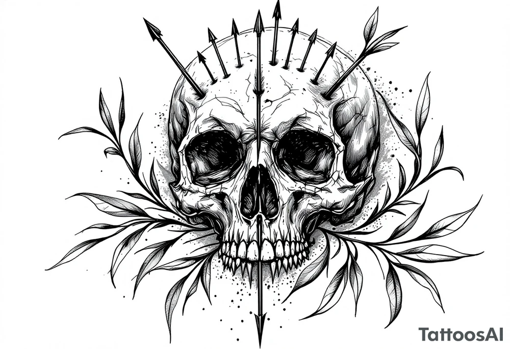 a skull whose head would be pierced by needles under the head come down an  arrow and surrounded around by a olive tree leaf tattoo idea