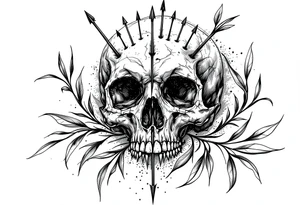 a skull whose head would be pierced by needles under the head come down an  arrow and surrounded around by a olive tree leaf tattoo idea