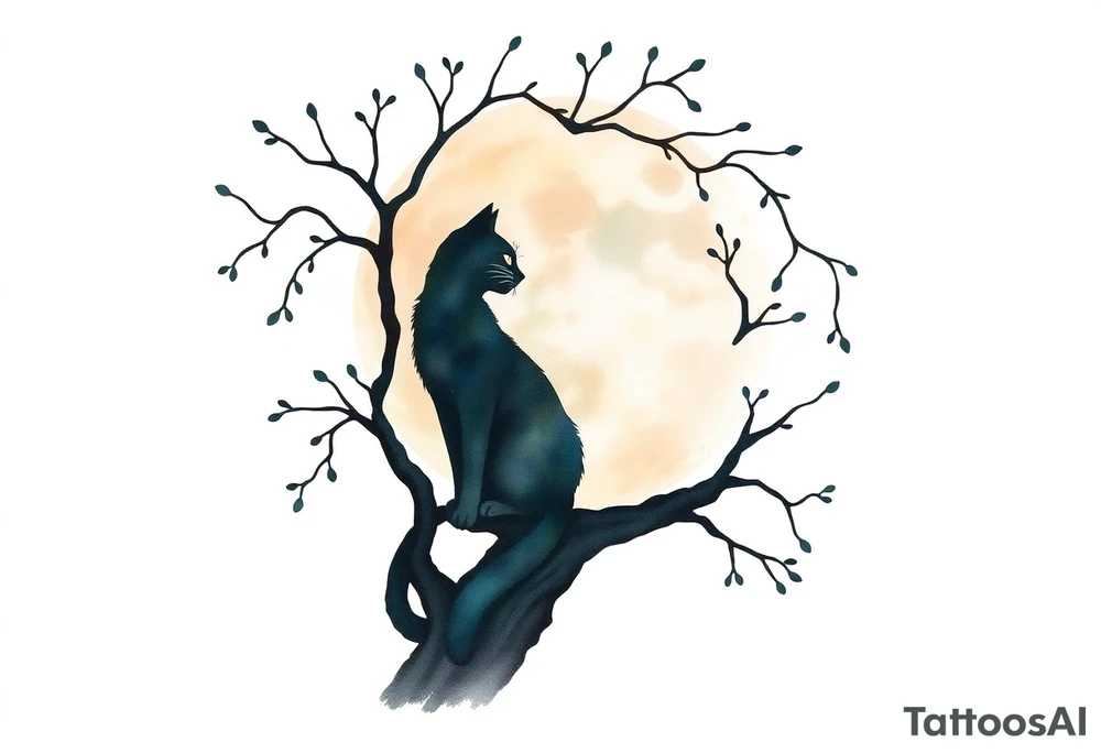 a cats sillhouette siting on a tree in the moon light tattoo idea