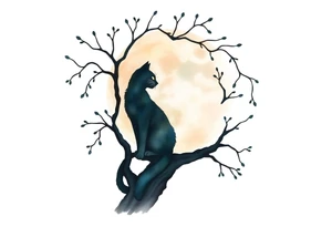 a cats sillhouette siting on a tree in the moon light tattoo idea