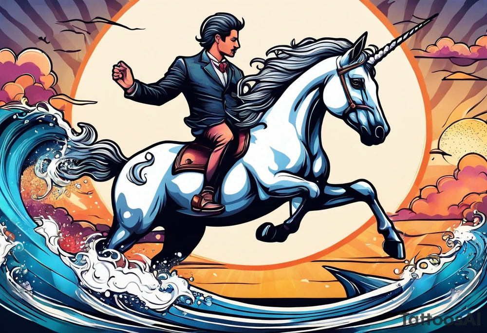 Unicorn jumping over a penguin with the sun tattoo idea