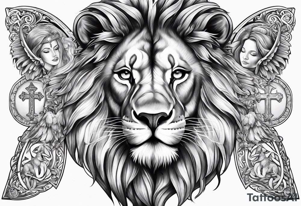 Full sleeve with Lion, cross, praying hands and angels. Incorporate the names Scarlett and Faith in the design tattoo idea