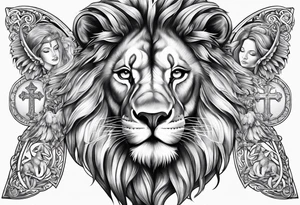 Full sleeve with Lion, cross, praying hands and angels. Incorporate the names Scarlett and Faith in the design tattoo idea