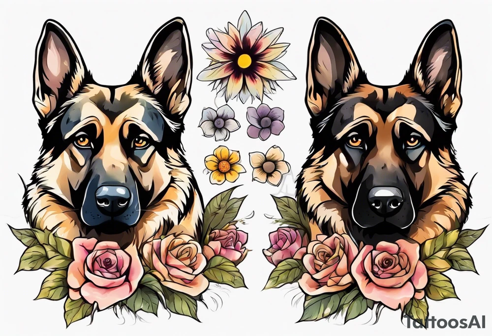 German shepherd with black face and brown around eyes portrait brightly colored with flowers tattoo idea
