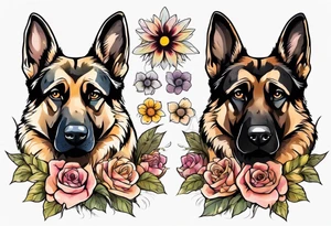 German shepherd with black face and brown around eyes portrait brightly colored with flowers tattoo idea