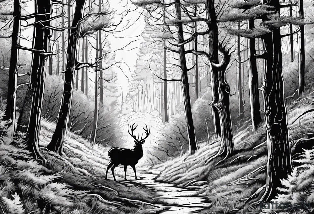 forrest scene with turkey tracks and deer antlers along the trees tattoo idea