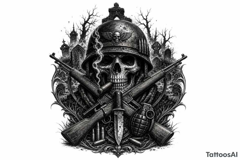 Dark fantasy graveyard, skull in helmet, cigar, crossed rifles, knife, grenade, cartridges. tattoo idea