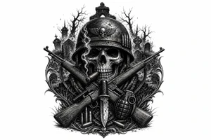 Dark fantasy graveyard, skull in helmet, cigar, crossed rifles, knife, grenade, cartridges. tattoo idea