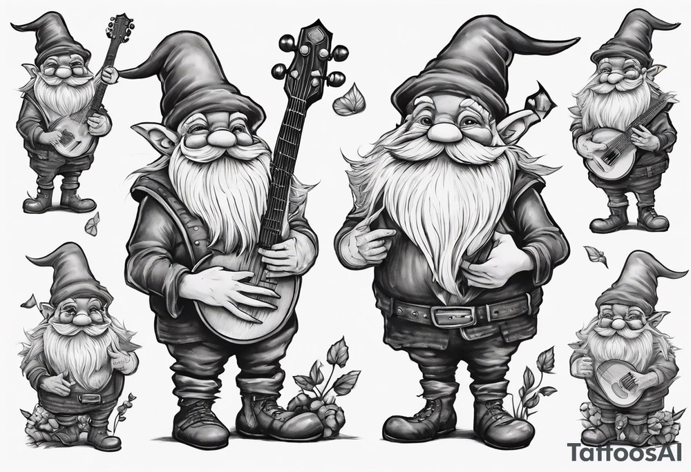 a 4 foot moss green deep gnome with muttonchops with a lute serenating a crowd in a small town square tattoo idea