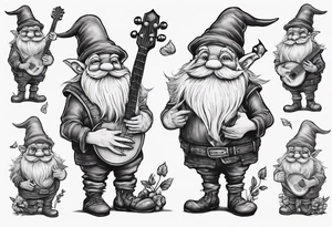 a 4 foot moss green deep gnome with muttonchops with a lute serenating a crowd in a small town square tattoo idea
