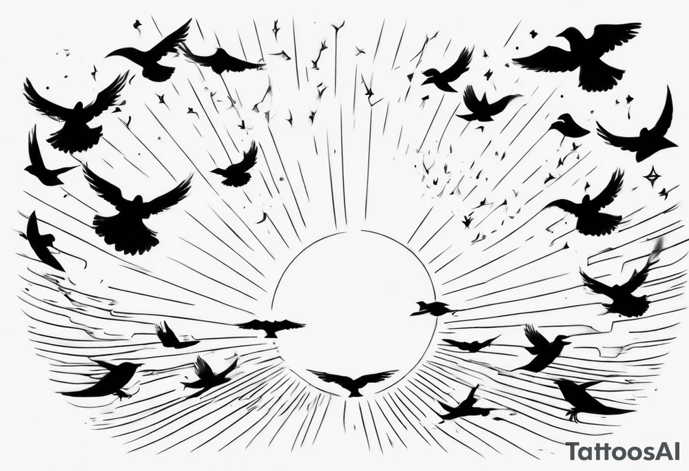 a shoulder tattoo with rays of light, clouds and birds flying free tattoo idea