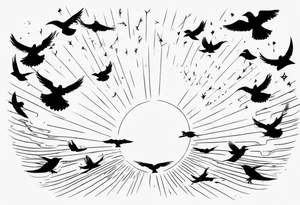 a shoulder tattoo with rays of light, clouds and birds flying free tattoo idea