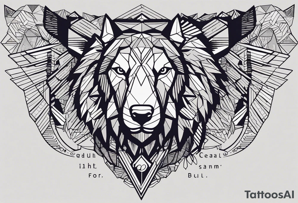 Words: Courage, determination, patience, focus, resilience. Image: Geometric eagle face, bull and bear faces divided by the financial market dump and pump. Graphics, symbols of intelligence interconnected with books and studies that represent the search for knowledge as a person guided by humanity and human philosophy. Image for the right arm and right forearm. Use geometric shapes and lines to connect images. all imagens unity tattoo idea