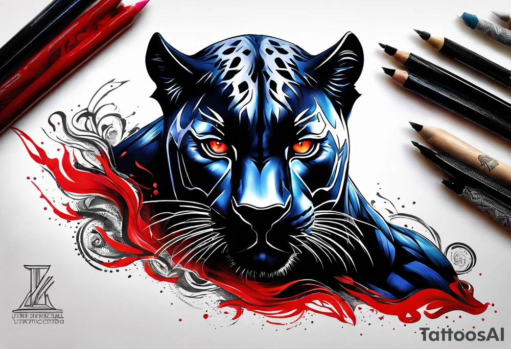 unique black panther tattoo, dynamic pose, showcasing its strength and grace, striking red eyes, intense and captivating elements, artistic flair, blending realism with abstract elements tattoo idea