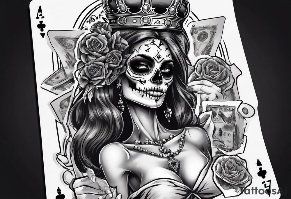 santa la muerta with money and crown
on the card tattoo idea